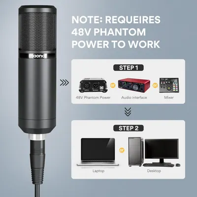 Explains the two-step setup process for the microphone, showing shoppers what equipment they need (48V phantom power source in Step 1) and how to connect it to their recording device (laptop or…