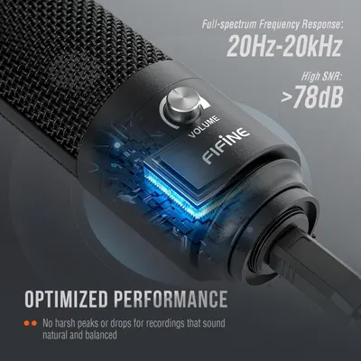 Communicates the microphone's superior audio performance with technical specifications (20Hz-20kHz frequency response and >78dB SNR) to reassure shoppers of professional-grade recording quality with…