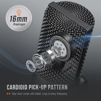 Highlights the internal technical components of the microphone, specifically the 16mm diaphragm and cardioid pick-up pattern, to communicate superior audio quality and vocal clarity to shoppers.…