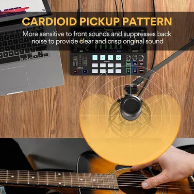 Highlights the microphone's cardioid pickup pattern technology, which focuses on front sounds while suppressing background noise, reassuring shoppers of clear audio quality for recording or streaming.