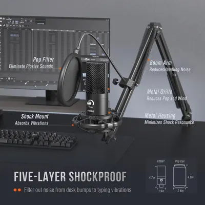 This image breaks down the microphone's physical components and noise-reduction features to educate shoppers on how each part contributes to professional audio quality and shock absorption.…