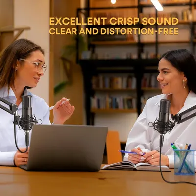 Communicates that the microphones deliver excellent, clear, and distortion-free audio quality, reassuring podcasters and content creators of professional sound performance.