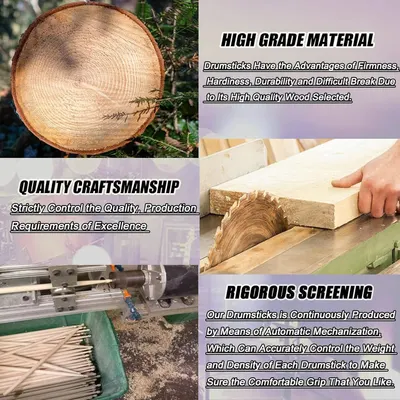 Communicates the drumsticks' premium quality through multiple distinct benefits: high-grade wood material for firmness and durability, strict quality control in craftsmanship, and automated…