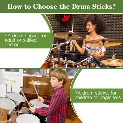 Guides shoppers in selecting the right drum stick size by showing two product variants (5A for adults/skilled players, 7A for children/beginners) with lifestyle context to help them make an informed…