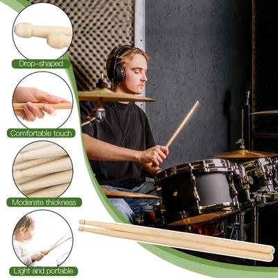 Highlights multiple distinct benefits of the drumsticks through a segmented layout, showing the drop-shaped design, comfortable grip, moderate thickness, and lightweight portability to help shoppers…