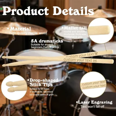 This image breaks down the physical components and construction details of the drumsticks, highlighting material quality, tip shape, grip design, and customization features to help shoppers…