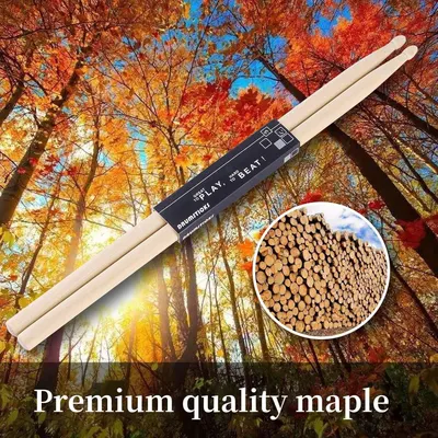 Highlights the premium maple wood construction of the drumsticks to communicate quality and durability to musicians.