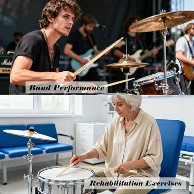 Demonstrates the product's versatility by showing two distinct use cases: professional band performance and therapeutic rehabilitation exercises, reassuring shoppers that the drumsticks work across…