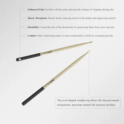 Communicates multiple distinct benefits of the drumsticks including grip, shock absorption, durability, comfort, and sound precision to help shoppers understand the comprehensive value proposition.