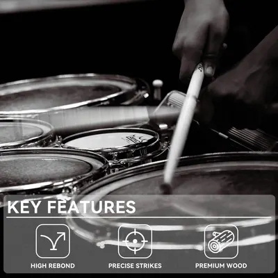 Communicates three distinct selling benefits of the drumsticks in a segmented layout with icons and labels, highlighting performance features that appeal to drummers.