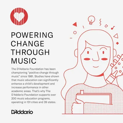 Communicates the D'Addario Foundation's mission and heritage in music education, building brand trust and emotional connection by highlighting their long-standing commitment to positive social…