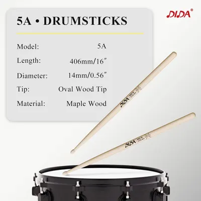 Communicates the exact physical dimensions of the drumsticks (length 406mm/16 inches, diameter 14mm/0.56 inches) to help shoppers understand the size and ensure compatibility with their needs.…