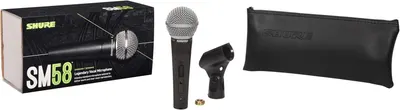 Shows everything included in the package: the SM58 microphone, carrying pouch, mic clip, adapter, and retail box to reassure shoppers they are getting a complete professional kit.