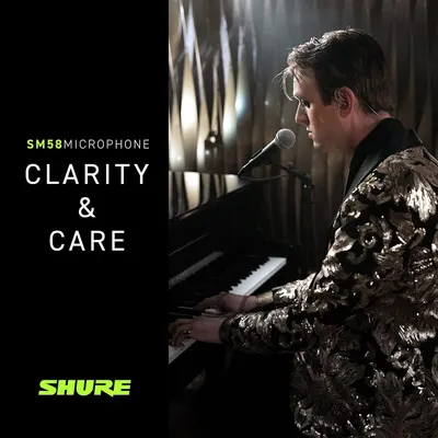 This image communicates the brand's professional audio quality and emotional connection to music performance, positioning Shure as a trusted brand for clarity and care in sound capture.