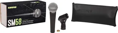 Shows all items included with the purchase: the SM58 microphone, mic clip, carrying pouch, and product packaging to reassure shoppers they're getting a complete bundle.
