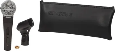 Shows all items included with the microphone purchase: the microphone, mic clip, adapter, and carrying pouch, helping shoppers understand the complete value of the package.