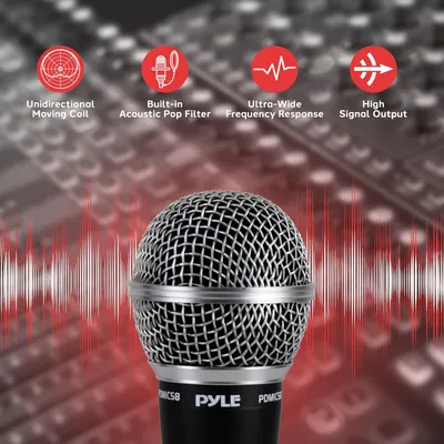 Communicates four distinct technical features of the microphone to demonstrate its professional audio quality and performance capabilities to shoppers.