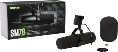 Shows everything included in the package: the SM7B microphone, windscreen, shock mount, and adapter, helping shoppers understand the full value of their purchase.