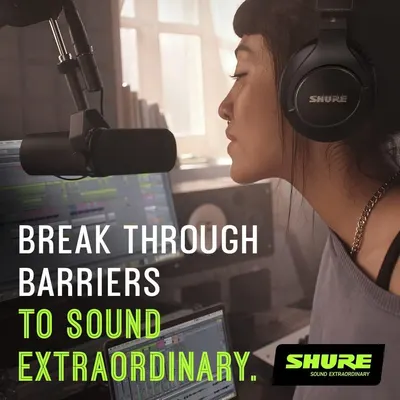 Communicates the brand's core message and emotional positioning with the tagline 'Break Through Barriers to Sound Extraordinary,' reinforcing Shure's identity as a premium audio brand that empowers…