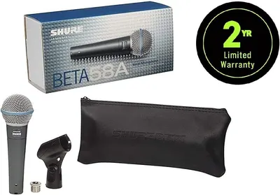 Shows everything included in the purchase: the BETA 58A microphone, carrying pouch, mic clip, and thread adapter, along with the 2-year warranty badge to reassure shoppers of the complete value and…
