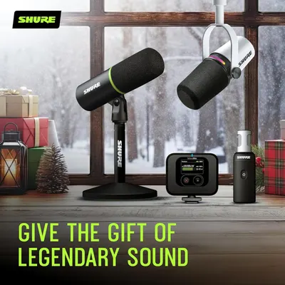 Positions the Shure audio product lineup as a premium holiday gift option, leveraging seasonal cues like wrapped presents, winter scenery, and festive decorations to encourage gifting.