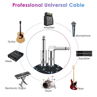 Demonstrates the cable's versatility by showing it can connect to multiple professional audio devices including guitars, amplifiers, microphones, mixers, keyboards, drums, bass, and equalizers,…
