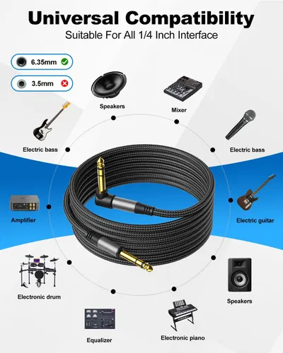 Demonstrates the wide range of musical instruments and audio equipment the cable is compatible with, reassuring shoppers of its versatility and universal 1/4 inch interface compatibility.