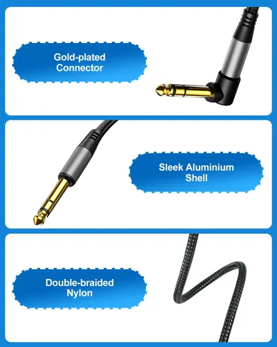 Breaks down the physical components and materials of the audio cable to communicate build quality and premium construction to shoppers. Highlights multiple distinct material and construction…