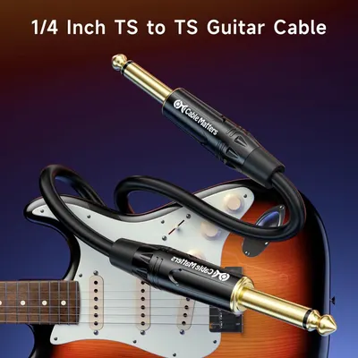 Displays the guitar cable product in a clean, professional manner with the guitar as context to show the product's intended use and compatibility.