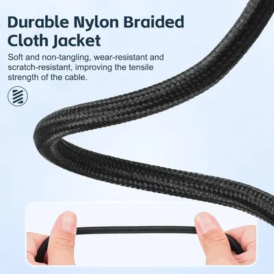 Highlights the cable's durable nylon braided construction and its multiple protective benefits (wear-resistant, scratch-resistant, improved tensile strength) to reassure shoppers of long-lasting…