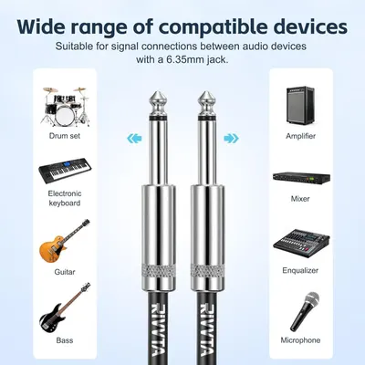 Demonstrates the wide range of audio devices and instruments that are compatible with this 6.35mm audio cable, reassuring shoppers of its versatility across multiple use cases.