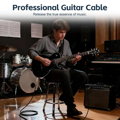 Showcases the guitar cable in an authentic professional music environment to help shoppers visualize the product in real-world use and establish credibility for serious musicians.