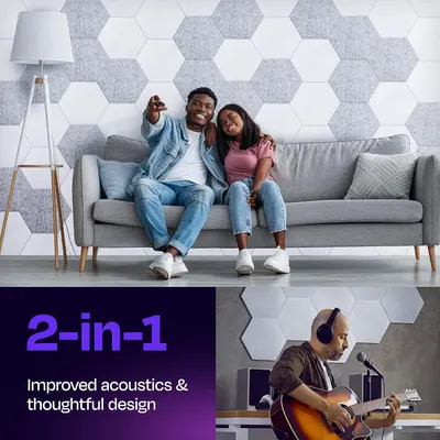 Communicates that the hexagonal wall panels serve a dual purpose: enhancing sound quality for entertainment and music while also providing aesthetic appeal for home decor.