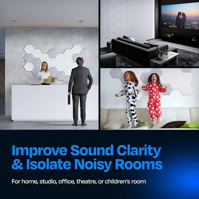 Demonstrates the product's versatility by showing it can be used in multiple environments including office reception areas, home theaters, and children's rooms to improve sound clarity and isolate…