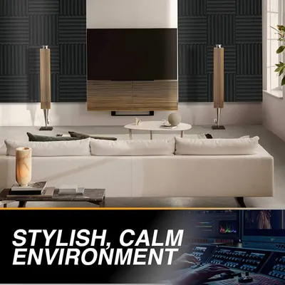Demonstrates the product in an upscale, real-world living room environment to show how it integrates into a stylish, calm home theater setup with acoustic panels and premium furniture.