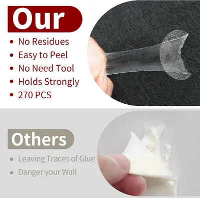 Demonstrates the superiority of this adhesive product over competing products by showing it leaves no residue and peels cleanly, while competitors leave glue traces and damage walls.