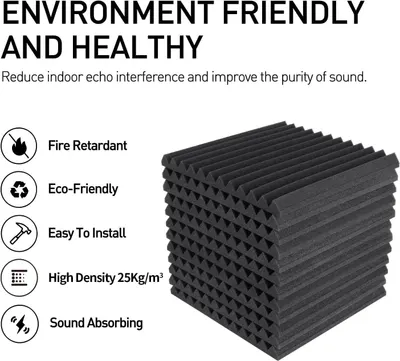 Communicates that the acoustic foam panels are environmentally responsible and safe to use, reassuring shoppers about sustainability and fire safety certifications. Showcases multiple distinct…