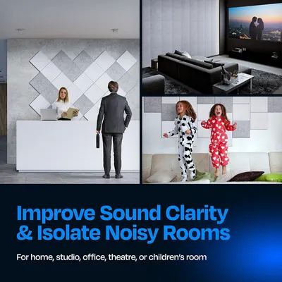 Demonstrates the versatility of the soundproofing product by showing it works effectively in multiple real-world environments including professional offices, home theaters, and children's rooms.