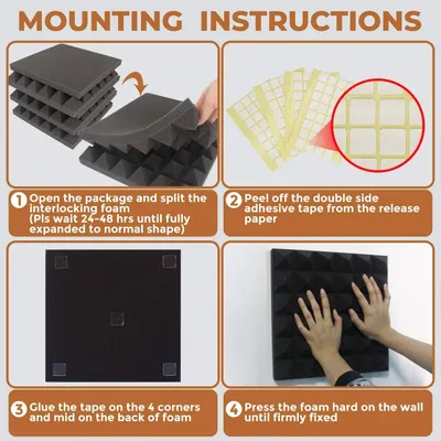 Provides step-by-step instructions for mounting acoustic foam panels, guiding the customer through the complete installation process from unpacking to final wall mounting.
