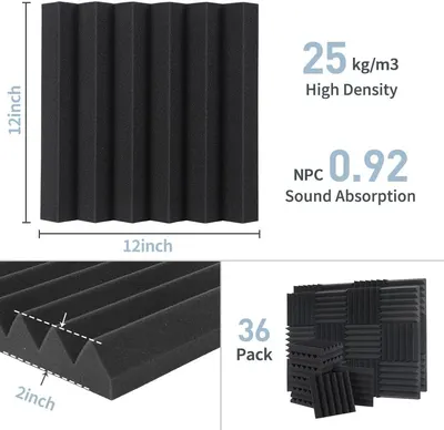 Communicates key performance specifications including density, sound absorption rating, dimensions, and pack quantity to help shoppers understand the product's acoustic effectiveness and value.…