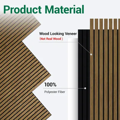 This image breaks down the product's construction to show shoppers what the product is made of—a wood-looking veneer surface over a 100% polyester fiber core—clarifying that it's not real wood and…