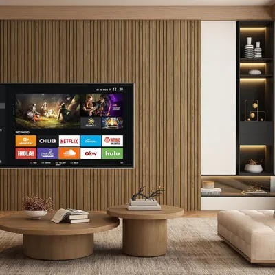 Demonstrates how the TV integrates seamlessly into a contemporary, upscale living space to help shoppers visualize the product in their own home environment.