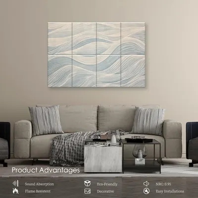 Communicates multiple distinct product advantages in a segmented layout with icons, showing the wall panel's acoustic, safety, environmental, aesthetic, and installation benefits to help shoppers…