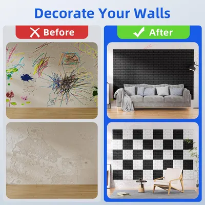 Demonstrates the dramatic transformation from damaged, messy walls to clean, professionally decorated walls using the product's decorative tile panels, proving the product's effectiveness and…