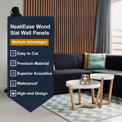 Communicates multiple distinct advantages of the wood slat wall panels in a segmented list format, reassuring shoppers of the product's quality, functionality, and aesthetic appeal.