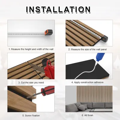 Provides a clear 6-step visual guide showing shoppers exactly how to measure, cut, and install the wall panel product, reducing purchase hesitation by demonstrating ease of installation.