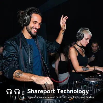 Highlights the product's shareport technology feature that allows users to share movies and music with friends and family, emphasizing social connectivity and shared entertainment experiences.