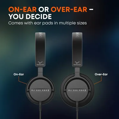 Communicates that the headphones offer flexible wearing styles (on-ear or over-ear) with multiple ear pad sizes, allowing users to choose their preferred comfort and fit.
