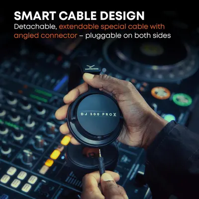 Highlights the innovative cable design that is detachable, extendable, and features an angled connector that's pluggable on both sides, emphasizing convenience and flexibility for DJ use.