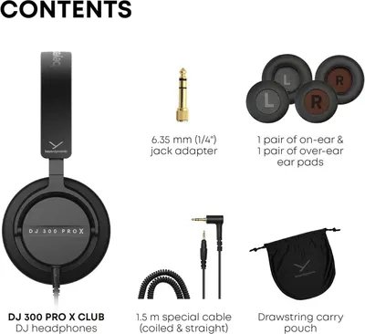 Shows everything included in the box to reassure shoppers they're getting a complete kit with headphones, cables, adapters, ear pads, and carrying pouch.